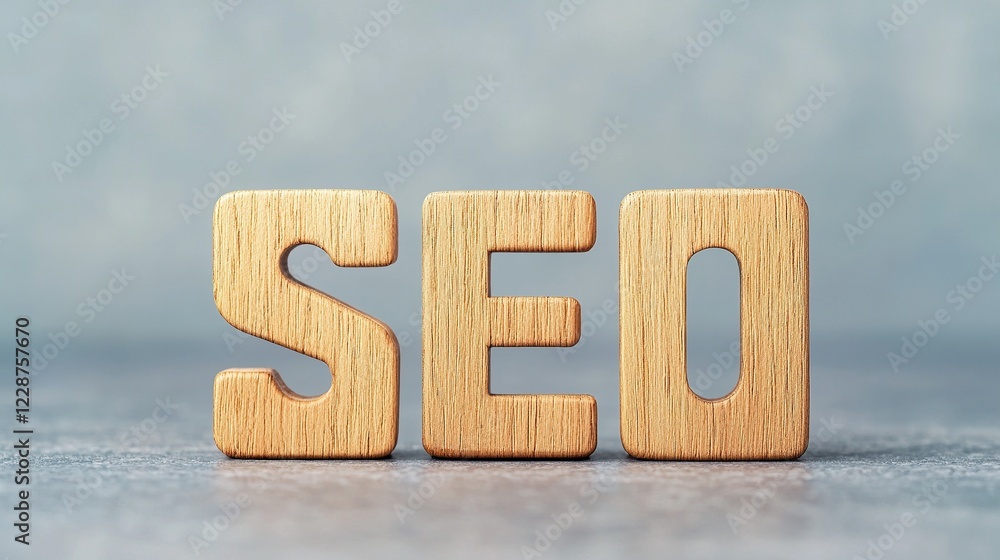 Aufkleber seo optimization and algorithm. wooden letters spelling seo on a textured background.