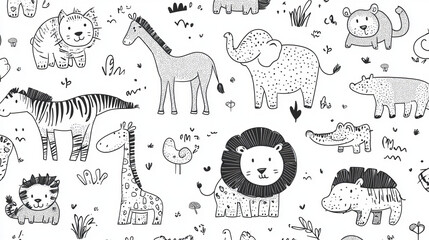 black and white cartoon safari animals seamless pattern for children's wallpaper featuring cute hand-drawn african wildlife illustration, perfect for nursery decor and textile print