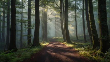 Obraz premium Sunlight filters through tall trees onto a path in a dense, misty forest landscape