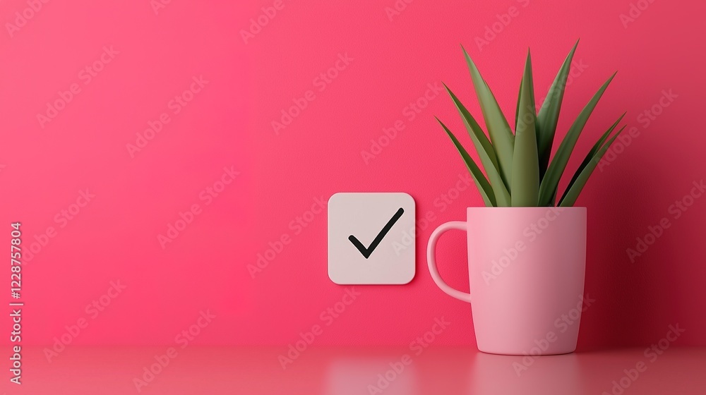 Poster seo optimization and algorithm. pink background with a green plant in a pink pot and a check mark sy