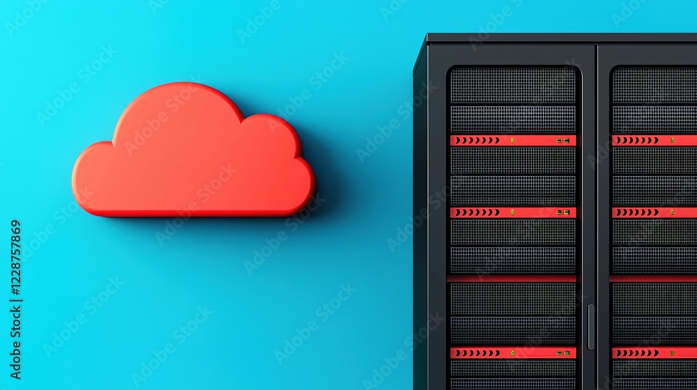 Poster seo optimization and algorithm. red cloud icon next to a black server cabinet on a blue background.