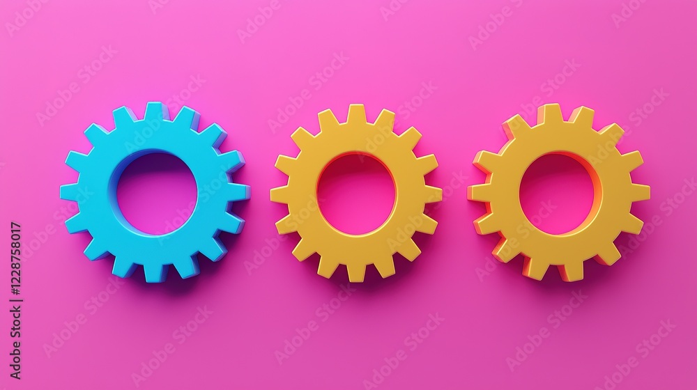 Poster seo optimization and algorithm. colorful gears on a vibrant pink background.