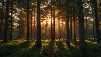 Sunlight Filters Through a Dense Forest of Tall Trees at Sunrise or Sunset Creating a Golden Glow