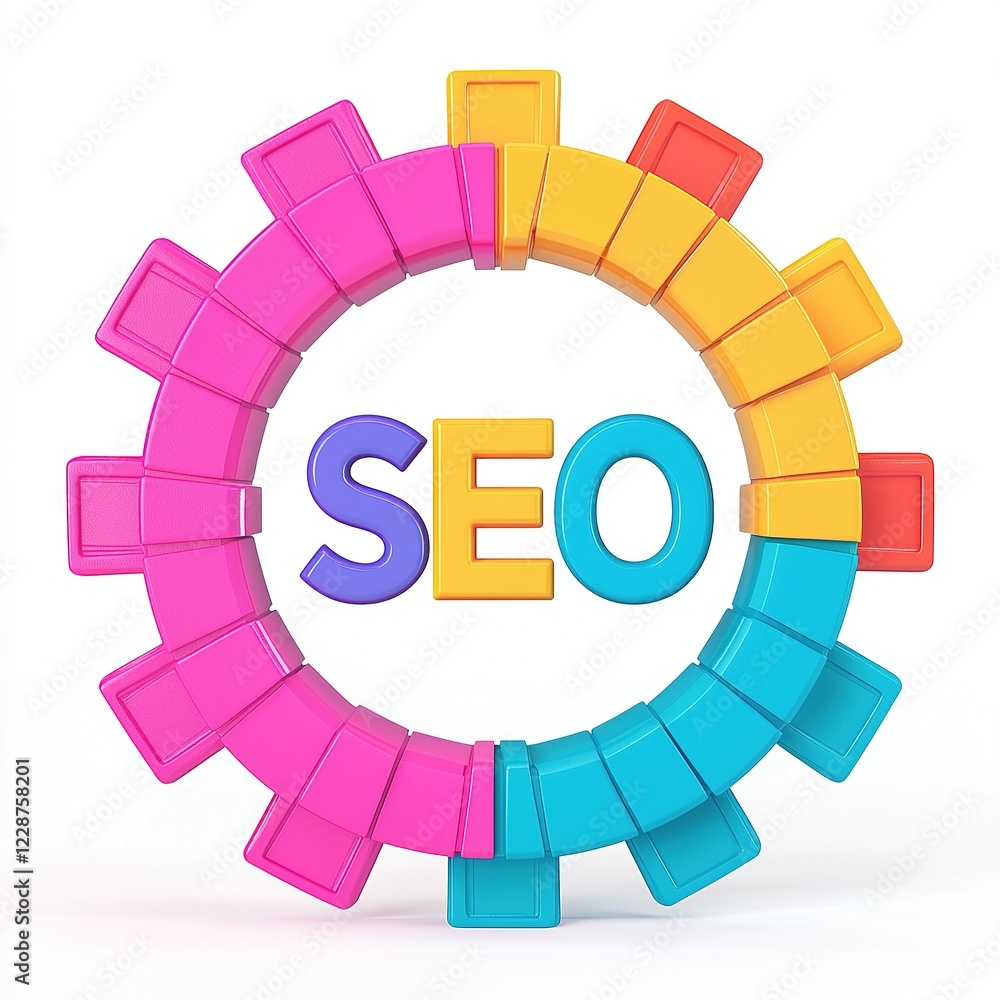 Poster seo optimization and algorithm. colorful gear with 