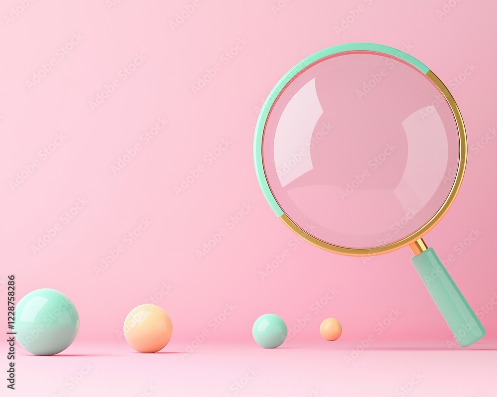 Poster seo optimization and algorithm. colorful magnifying glass with pastel spheres on a soft pink backgro