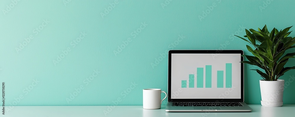 Poster seo optimization and algorithm. modern workspace with a laptop, graph, plant, and green background.