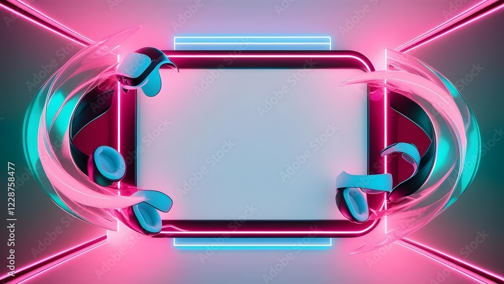 Poster neon rectangular frame with floating headsets and swirls