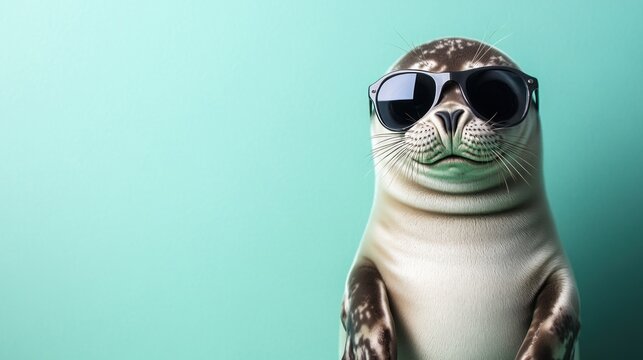 Cool Seal in Sunglasses, Teal Background, Summer Fun