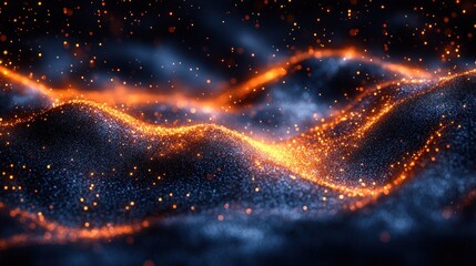 Obraz premium Glowing particles undulating, dark background, abstract, digital art