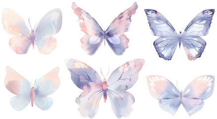 Watercolor butterflies in soft pastel shades of pink, lavender, and blue on a transparent background