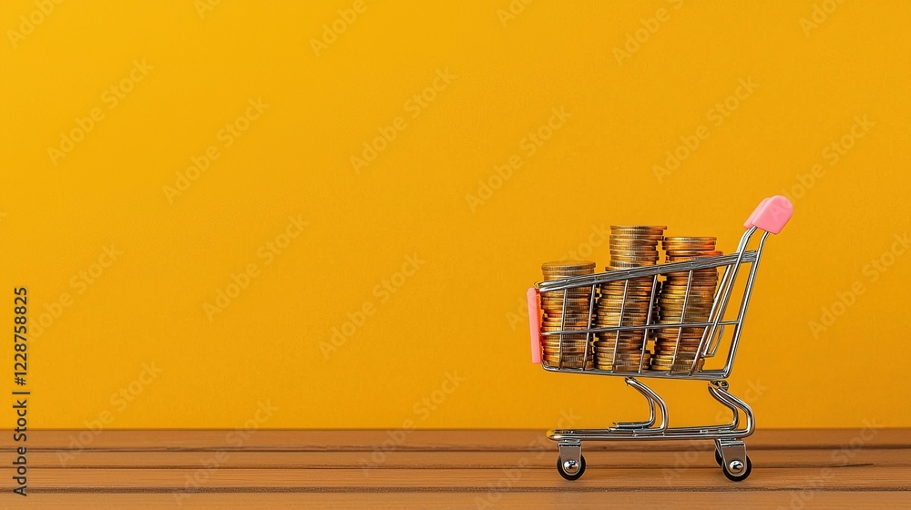Poster seo optimization and algorithm. shopping cart filled with coins against a bright yellow background.