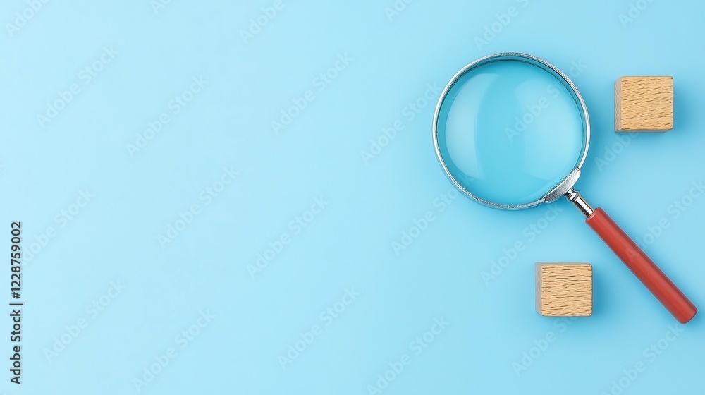 Aufkleber seo optimization and algorithm. magnifying glass and wooden blocks on a blue background.