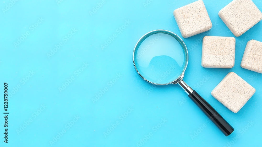 Aufkleber seo optimization and algorithm. magnifying glass on blue background with snack cubes nearby.