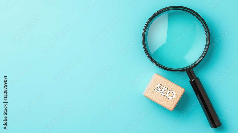 Poster seo optimization and algorithm. magnifying glass and stamp on a blue background.