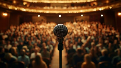 Microphone on Stage in Well Lit Auditorium with Audience Technology