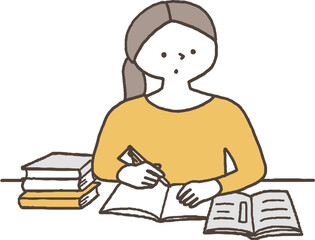 勉強をする女性単色