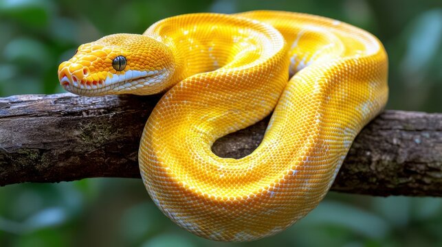 Yellow python coiled on branch, jungle backdrop.