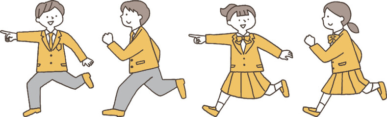 並んで走る学生服を着た男女単色