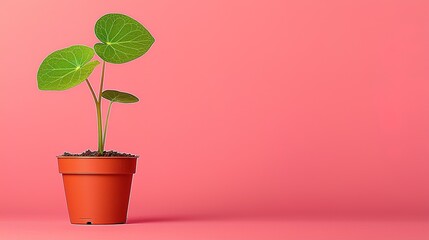 Obraz premium SEO optimization and algorithm. A potted plant on a pink background showcasing vibrant green leaves.