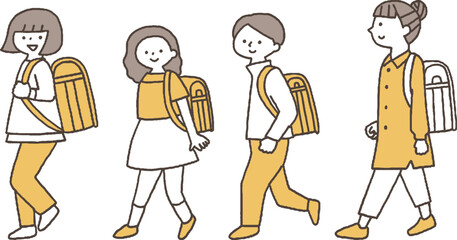 並んで歩くランドセルを背負った子供達単色