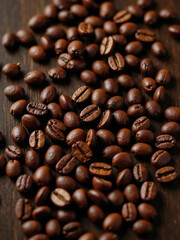 Fototapeta premium Close-Up of Roasted Coffee Beans – High-Resolution Macro Shots Showcasing Glossy Texture, Deep Brown Color, and Rich Aroma with Rustic Wooden Background and Soft Moody Lighting in Stunning Detail.