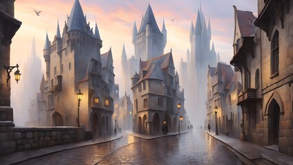 Obraz premium Misty dawn illuminates a cobblestone street in a quaint medieval town, where towering gothic buildings and gas lamps create a magical atmosphere.