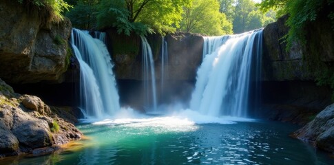 Fototapeta premium Sparkling waterfalls cascading down rocky cliffs, pure water, nature
