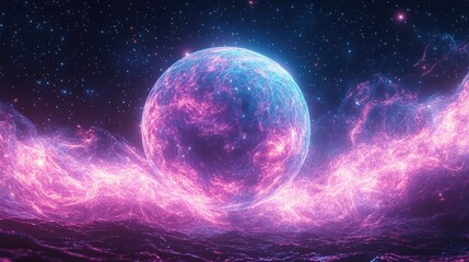 Fototapeta premium Glowing planet, nebula, space, energy, cosmic, artwork, digital, background, fantasy, science