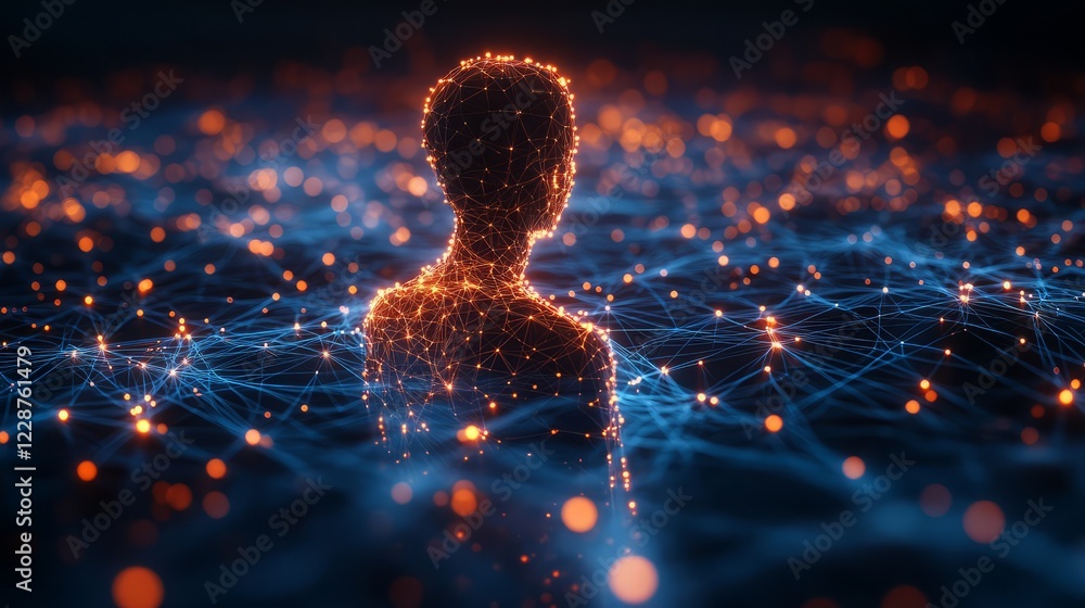 Poster a digital silhouette surrounded by glowing data points and networks.
