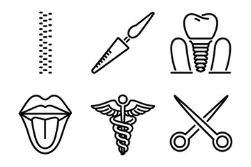 Medical Line Icons Vector Set – Spine, Scalpel, Dental Implant, Tongue Exam, Caduceus, Surgical Scissors