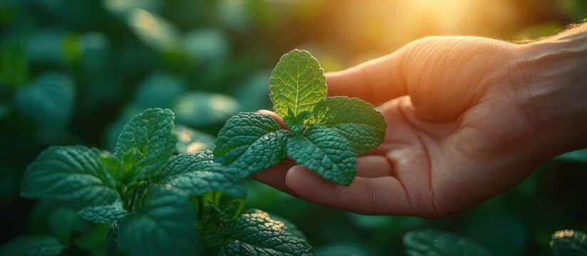 Hand holding fresh mint leaves in a field at sunset.