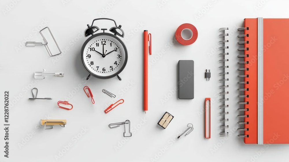 Poster enhance productivity with a collection of six essential office tools including desk clock and usb st