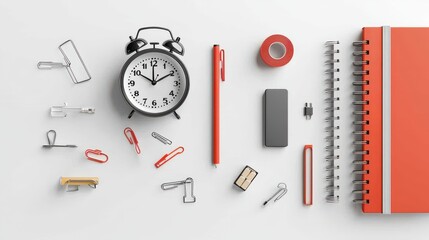 Enhance productivity with a collection of six essential office tools including desk clock and usb stick for the modern workspace