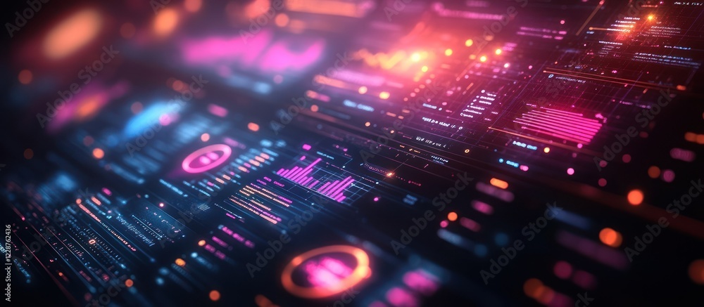 Poster futuristic digital interface with glowing charts and data.