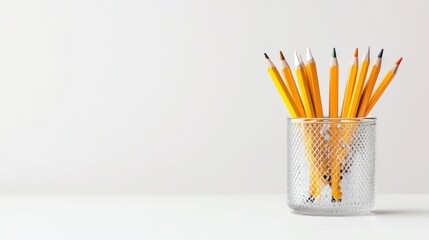Yellow Pencils in Textured Glass Holder on White Background