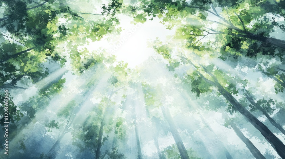 Poster sunlight filtering through a lush green forest canopy, creating a serene and tranquil atmosphere