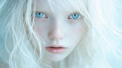 In a tranquil setting, a young girl with striking albino features poses gracefully, her long hair cascading softly as she gazes with enchanting blue eyes