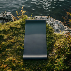a top view professional photo closeup of a yoga mat on the grass, by a lake