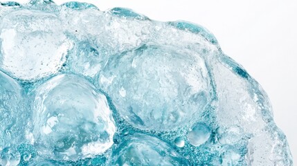 Close-up of translucent ice bubbles with a blue tint against a white background, showcasing texture