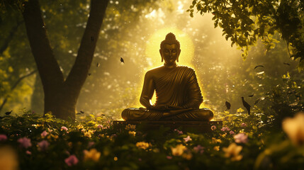 Mahavir Jayanti, Bhagwan Mahavir figure sitting in meditation position with golden light aura around him, in the middle of lush forest with lush bodhi trees and blooming flowers