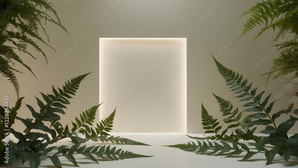 Poster ferns and lit rectangle minimalist scene for product display or text overlay