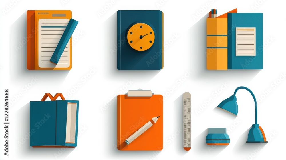 Poster organizing office essentials six icons featuring ruler binder desktop phone and more in a modern wor