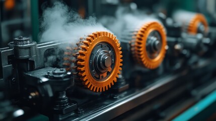 Fototapeta premium Close-up of orange gears in motion, emitting steam in a mechanical environment.
