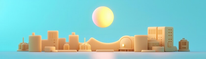 A vibrant skyline with abstract buildings under a bright sun.