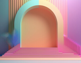 3d render illustration in modern geometric style Arch and stairs in trendy minimal interior Gradient pastel colors background Abstract composition