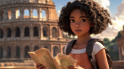 Fototapeta na wymiar Exploring ancient wonders young traveler in rome with map historical landmark outdoor wide angle adventure