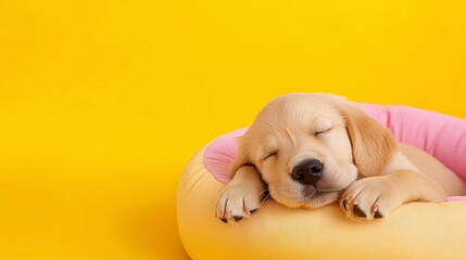 Cute Sleeping Puppy on Cozy Bed with Bright Yellow Background