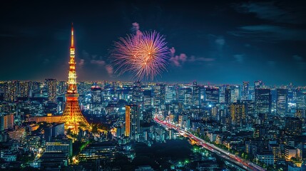 Fototapeta premium lofi with sketch, chill, Vibrant fireworks lighting up the night sky over Tokyo, with colorful explosions reflecting off the cityscape.