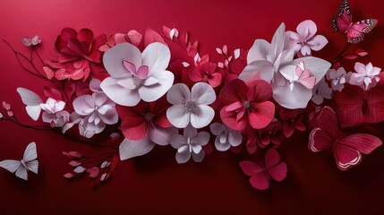 Fototapeta premium Paper flowers & butterflies on red; spring celebration