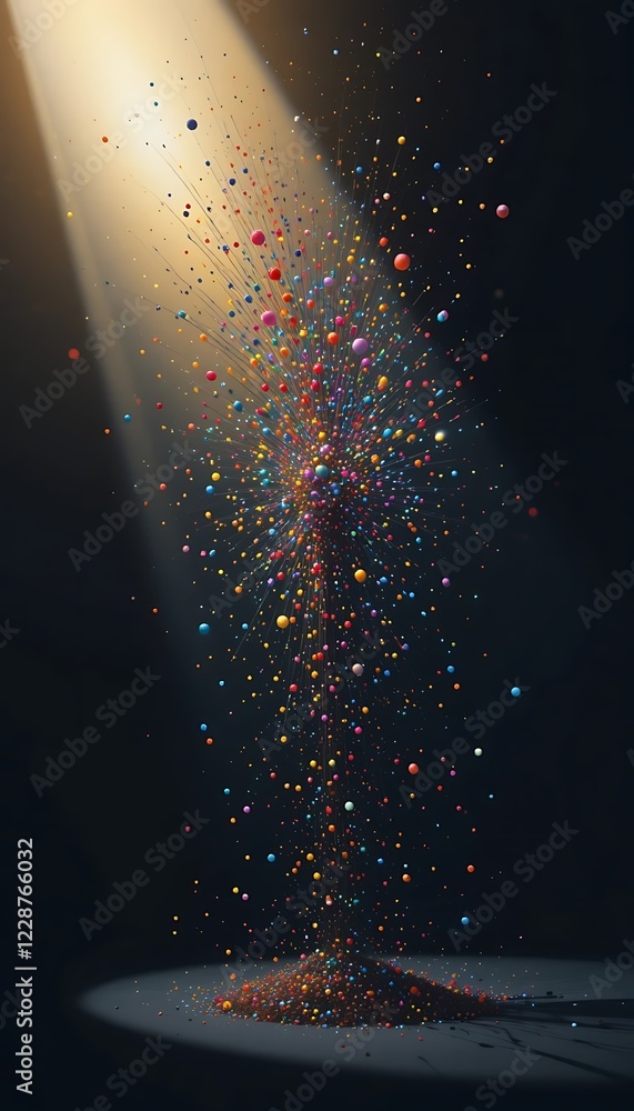 Poster colorful spheres exploding upwards in a dark setting